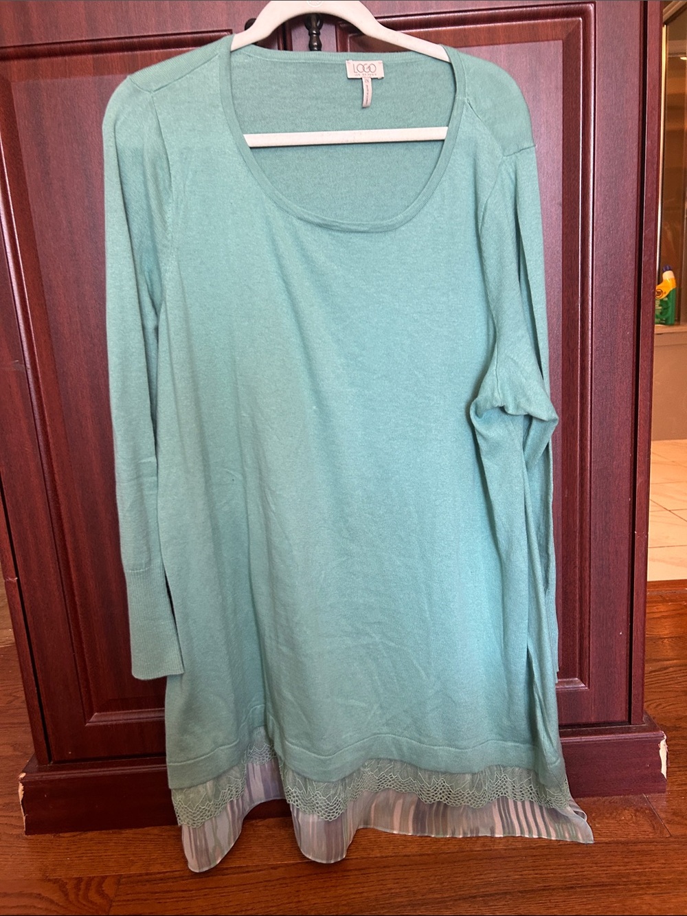 LOGO by Lori Goldstein Mint Green Long Sleeve Scoop Neck Tunic with Lace Hem